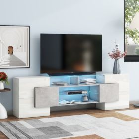 ON-TREND Unique Shape TV Stand With 2 Illuminated Glass Shelves, High Gloss Entertainment Center For TVs Up To 88, Versatile TV Cabinet With LED (Option: GREY)